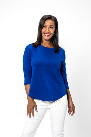 Lolo Luxe High Low Solid Top in Royal. Crew neck, 3/4 sleeve top with curved seams. High low hem. RElaxed fit._34191359344840