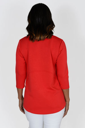 Lolo Luxe High Low Solid Top in Red. Crew neck, 3/4 sleeve top with curved seams. High low hem. Relaxed fit._34191359279304