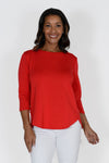 Lolo Luxe High Low Solid Top in Red. Crew neck, 3/4 sleeve top with curved seams. High low hem. Relaxed fit._t_34191359312072