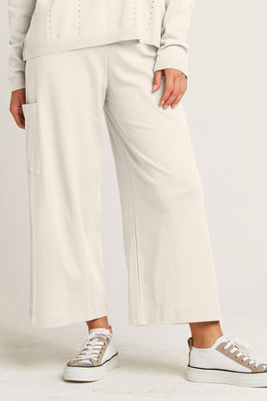 Planet Spa Gaucho in Stone.  Elastic waist pull on wide leg cropped pant.  Single side cargo pocket. 24" inseam._61200928670062