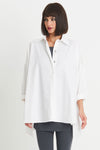 Planet EZ Shirt in White.  Pointed collar button down blouse with covered button placket.  Swing shape.  High low hem with side slits.  Long sleeves with roll cuffs.  Oversized fit.  One size fits many._t_34276446765256
