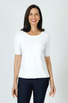 Metric Short Sleeve Pointelle Sweater in White.  Crew neck, raglan short sleeve knit with pointelle stitching on sleeve. Raised center front seam.  Rib trim at neck, hem and cuff.  Relaxed fit._t_59972752540014