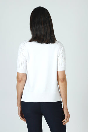 Metric Short Sleeve Pointelle Sweater in White.  Crew neck, raglan short sleeve knit with pointelle stitching on sleeve. Raised center front seam.  Rib trim at neck, hem and cuff.  Relaxed fit._59972752441710