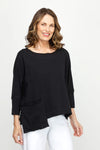 Planet French Terry Drop Pocket tee in Black.  Banded crew neck with dolman 3/4 sleeve with cuff.  Single front drop pocket hangs 3" below hem. One size fits many. Oversized fit._t_60980315521390