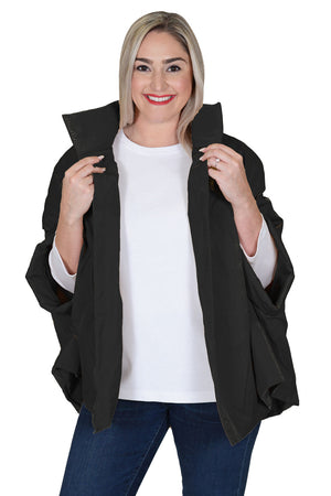 Planet Black. Cocoon shaped double faced nylon jacket with 2 openings for arms. Cross between cape and a poncho._35308102549704