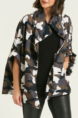 Planet Nylon Chic Cape in Camo. Cocoon shaped double faced nylon jacket with 2 openings for arms. Cross between cape and a poncho._61185068171630