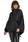 Planet Chic Bomber in Black.  Convertible collar zip front jacket with covered placket.  Horizontal pleat detail at waist.  2 front angled flap pocket. _t_61188016406894