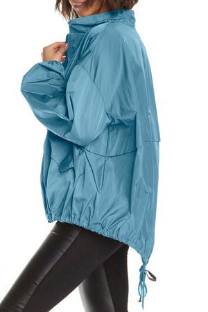 Planet Chic Bomber in Vapor.  Convertible collar zip front jacket with covered placket.  Horizontal pleat detail at waist.  2 front angled flap pocket. _61188016603502