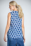 APNY Dot That Sleeveless Blouse in Blue. Block print with dots and stripes in shades of blue and white. Sleeveless banded collar button down blouse. A line shape. Curved hem. Relaxed fit._t_35227691712712