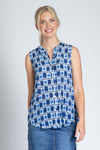 APNY Dot That Sleeveless Blouse in Blue.  Block print with dots and stripes in shades of blue and white.  Sleeveless banded collar button down blouse.  A line shape.  Curved hem.  Relaxed fit._t_35227691778248