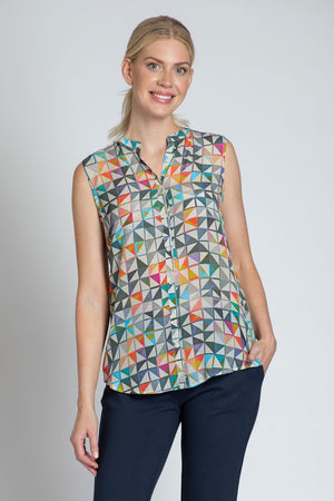 APNY Flipped Sleeveless Blouse in Multi.  Triangle print in small squares print.  Banded crew neck pleat front sleeveless blouse.  Shirt tail hem.  Back yoke. Relaxed fit._34808783601864