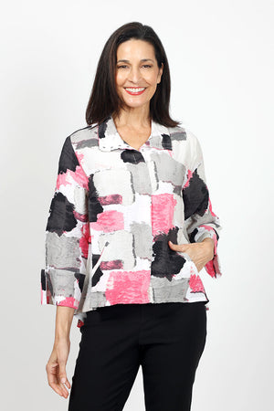 LIV by Habitat Crinkle Snap Shacket in Sane.Pink, black gray and white abstract splash print. Convertible collar snap front hybrid blouse/jacket with hidden snap placket. 3/4 sleeve with split cuff. 2 front welt pockets. High low hem. Relaxed fit._35028832977096