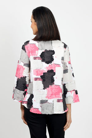 LIV by Habitat Crinkle Snap Shacket in Sane.Pink, black gray and white abstract splash print. Convertible collar snap front hybrid blouse/jacket with hidden snap placket. 3/4 sleeve with split cuff. 2 front welt pockets. High low hem. Relaxed fit._35028832911560