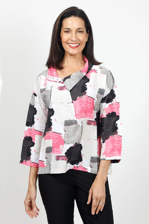 LIV by Habitat Crinkle Snap Pullover in Black.  Pink gray black and white abstract block print.  Popover with convertible collar and asymmetric hidden snap placket.  3/4 wide sleeve.  Swing shape. Relaxed fit._35031961567432