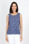 Habitat Travel Knit Easy Dot Tank. Crew neck sleeveless a line tank. Blue rimmed white dots on a blue background. Relaxed fit._t_35322896220360
