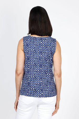 Habitat Travel Knit Easy Dot Tank. Crew neck sleeveless a line tank. Blue rimmed white dots on a blue background. Relaxed fit._35322896253128