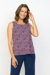 Habitat Travel Knit Easy Dot Tank.  Crew neck sleeveless a line tank.  Blue rimmed white dots on an orange background.  Relaxed fit._t_35285578973384