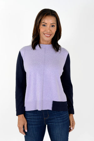 Elliott Lauren Chip Colorblock Sweater in Lavender/Navy.  Crew neck sweater with lavender body.  Navy sleeves.  Color block trim at hem.  Center raised seam.  Long sleeves with split fold back cuff.  Rib trim at neck hem and cuff.  Relaxed fit._34451921469640