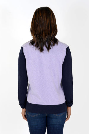 Elliott Lauren Chip Colorblock Sweater in Lavender/Navy. Crew neck sweater with lavender body. Navy sleeves. Color block trim at hem. Center raised seam. Long sleeves with split fold back cuff. Rib trim at neck hem and cuff. Relaxed fit._34451921338568