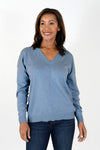 Elliott Lauren Cotton Cashmere V Neck Sweater in Petrol, a heathered medium blue. V neck sweater with long sleeves. Raised center seam in front and back. Ribbed trim at neck, cuff and hem. Side slits. Relaxed fit._t_34451642843336