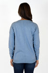 lliott Lauren Cotton Cashmere V Neck Sweater in Petrol, a heathered medium blue. V neck sweater with long sleeves. Raised center seam in front and back. Ribbed trim at neck, cuff and hem. Side slits. Relaxed fit._t_34451642908872