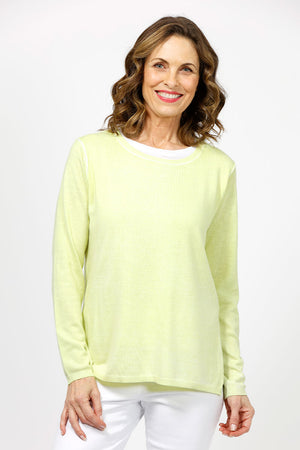 Elliott Lauren Double Layer Sweater in Key Lime. Tee shirt/knit combo. Crew neck sweater with white trim at neck and armhole seams. Long sleeves and side slits. White cotton tee underlayer. Unlined sleeves. Relaxed fit._35067861926088