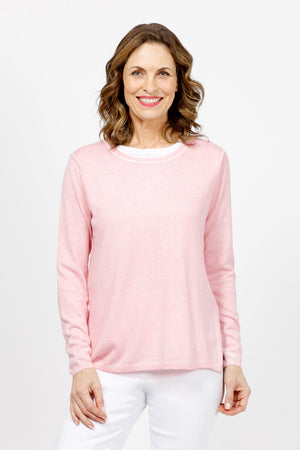 Elliott Lauren Double Layer Sweater in light Pink. Tee shirt/knit combo. Crew neck sweater with white trim at neck and armhole seams. Long sleeves and side slits. White cotton tee underlayer. Unlined sleeves. Relaxed fit._35067861565640