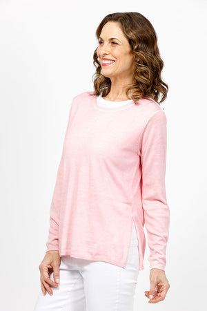Elliott Lauren Double Layer Sweater in light Pink. Tee shirt/knit combo. Crew neck sweater with white trim at neck and armhole seams. Long sleeves and side slits. White cotton tee underlayer. Unlined sleeves. Relaxed fit._35067862646984