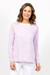 Elliott Lauren Double Layer Sweater in Wisteria, a light purple. Tee shirt/knit combo. Crew neck sweater with white trim at neck and armhole seams. Long sleeves and side slits. White cotton tee underlayer. Unlined sleeves. Relaxed fit._t_35067861795016