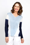 Elliott Lauren Summer Fling Ombre Sweater in Blue/White. V neck linen relaxed sweater in vertical ombre through body.  Long solid ribbed sleeves.  Dropped shoulder.  Rib trim at neck and hem._t_35419591147720
