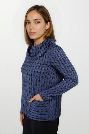 Habitat Newport Knit Pocket Top in Oxford.  Blue and black textured vertical wave print.  Cowl neck top with long sleeves.  2 front patch pockets at hem in horizontal wave print.  Relaxed fit._61437067460974