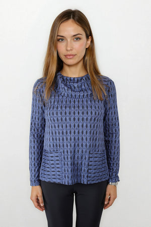 Habitat Newport Knit Pocket Top in Oxford.  Blue and black textured vertical wave print.  Cowl neck top with long sleeves.  2 front patch pockets at hem in horizontal wave print.  Relaxed fit._61437067395438