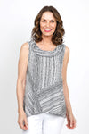 Habitat Waves Pieced Sleeveless Cowl in Black with White wavy stripes. Textured crew neck with draped cowl. Sleeveless. Angled pieced construction in front and back. A line shape. Relaxed fit._t_35420229959880