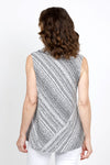 Habitat Waves Pieced Sleeveless Cowl in Black with White wavy stripes. Textured crew neck with draped cowl. Sleeveless. Angled pieced construction in front and back. A line shape. Relaxed fit._t_35420230090952