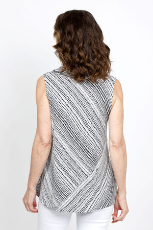 Habitat Waves Pieced Sleeveless Cowl in Black with White wavy stripes. Textured crew neck with draped cowl. Sleeveless. Angled pieced construction in front and back. A line shape. Relaxed fit._35420230090952