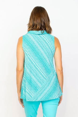 Habitat Waves Pieced Sleeveless Cowl in Lake with White wavy stripes. Textured crew neck with draped cowl. Sleeveless. Angled pieced construction in front and back. A line shape. Relaxed fit._35353284149448
