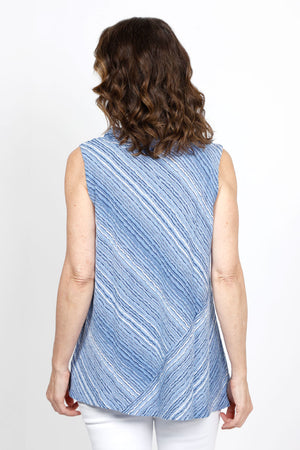 Habitat Waves Pieced Sleeveless Cowl in Twilight with White wavy stripes. Textured crew neck with draped cowl. Sleeveless. Angled pieced construction in front and back. A line shape. Relaxed fit._35420230025416