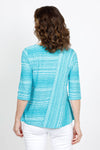 Habitat Waves Mixed Direction Top in Lake. Textural waved stripes in a non wrinkle fabric. Front asymmetric diagonal seam stripe with horizontal stripe panel. Horizontal striped back. Crew neck, 3/4 sleeve. Relaxed fit._t_35420237693128