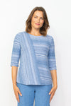 Habitat Waves Mixed Direction Top in Twilight blue. Textural waved stripes in a non wrinkle fabric. Front asymmetric diagonal seam stripe with horizontal stripe panel. Horizontal striped back. Crew neck, 3/4 sleeve. Relaxed fit._t_35353303089352