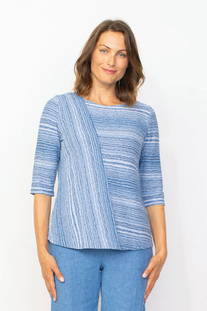 Habitat Waves Mixed Direction Top in Twilight blue. Textural waved stripes in a non wrinkle fabric. Front asymmetric diagonal seam stripe with horizontal stripe panel. Horizontal striped back. Crew neck, 3/4 sleeve. Relaxed fit._35353303089352