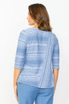 Habitat Waves Mixed Direction Top in Twilight blue. Textural waved stripes in a non wrinkle fabric. Front asymmetric diagonal seam stripe with horizontal stripe panel. Horizontal striped back. Crew neck, 3/4 sleeve. Relaxed fit._t_35353303056584