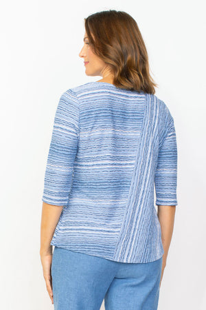 Habitat Waves Mixed Direction Top in Twilight blue. Textural waved stripes in a non wrinkle fabric. Front asymmetric diagonal seam stripe with horizontal stripe panel. Horizontal striped back. Crew neck, 3/4 sleeve. Relaxed fit._35353303056584
