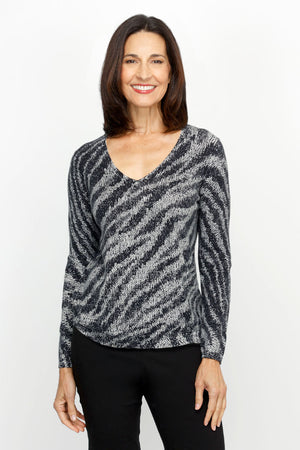 Elliott Lauren Zebra Crossing Sweater in Gray and Black.  Zebra print cotton/cashmere knit.  V neck, long sleeve sweater with rib trim at neck, hem and cuff.  Relaxed fit._61187089006958