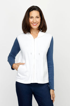 Elliott Lauren Modal Sleeveless Hoodie in Cream.  Zip front with attached drawstring hood with silver toggles.  Rib trim around armhole.  2 front pouch pockets.  Relaxed fit._61184892535150