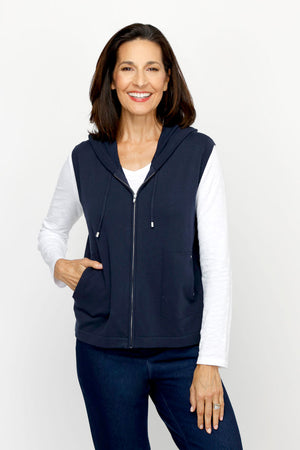 Elliott Lauren Modal Sleeveless Hoodie in Midnight.  Zip front with attached drawstring hood with silver toggles.  Rib trim around armhole.  2 front pouch pockets.  Relaxed fit._61184892600686