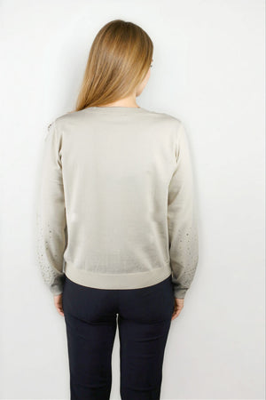 Elliott Lauren Pop Top Crystal Sleeve Sweater in Almond. Crew neck lightweight sweater with long sleeves.  Tonal crystal embellishments on lower sleeve.  Rib trim at neck, hem and cuff.  Relaxed fit._61405401547118