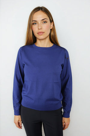 Elliott Lauren Pop Top Crystal Sleeve Sweater in Caspian blue. Crew neck lightweight sweater with long sleeves.  Tonal crystal embellishments on lower sleeve.  Rib trim at neck, hem and cuff.  Relaxed fit._61405401579886