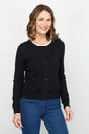 Elliott Lauren Modal Double Layer Cardi in Black.  Crew neck button down cardigan with extra white rib layer at neck.  Rib trim at neck, hem and cuff.  Long sleeves.  Relaxed fit._t_61184181436782