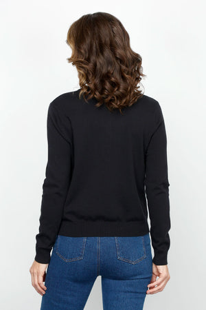 Elliott Lauren Modal Double Layer Cardi in Black.  Crew neck button down cardigan with extra white rib layer at neck.  Rib trim at neck, hem and cuff.  Long sleeves.  Relaxed fit._61184181469550