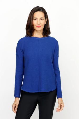 Elliott Lauren Cotton Cashmere Waffle Sweater in Sapphire.  Texture waffle weave knit.  Crew neck with raised center seams.  Long sleeves with dropped shoulder and raised seam detail.  Curved hem.  Relaxed fit._61184873693550